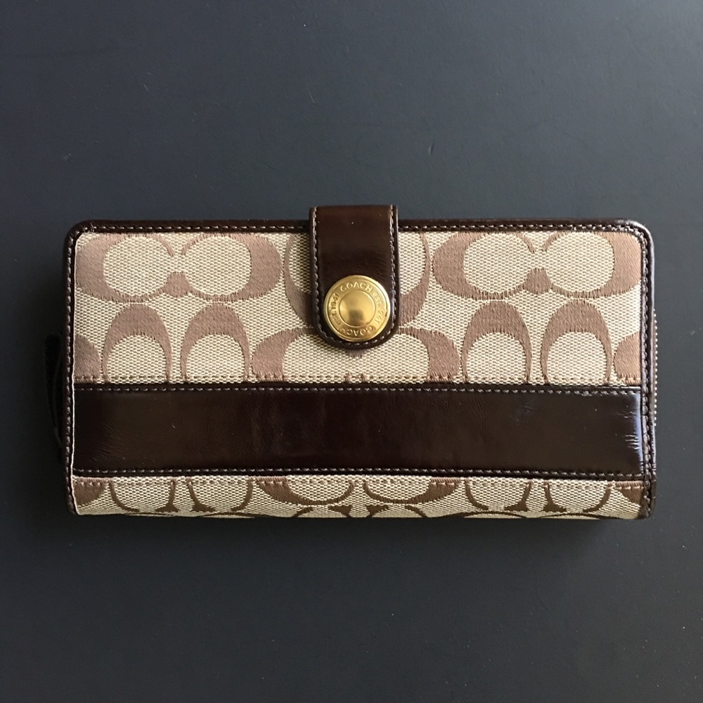 Coach Wallet Monogram Fabric Leather Jacquard Brown Zip Button Women's 12 Slots - Picture 1 of 12
